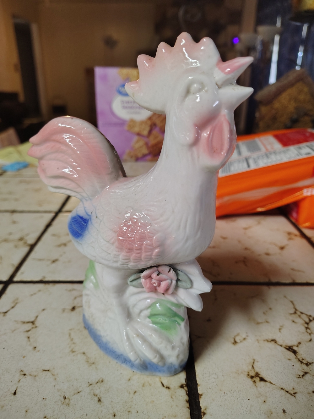 Vintage Porcelain Pink & White Rooster Figurine - Decorative Home Accent